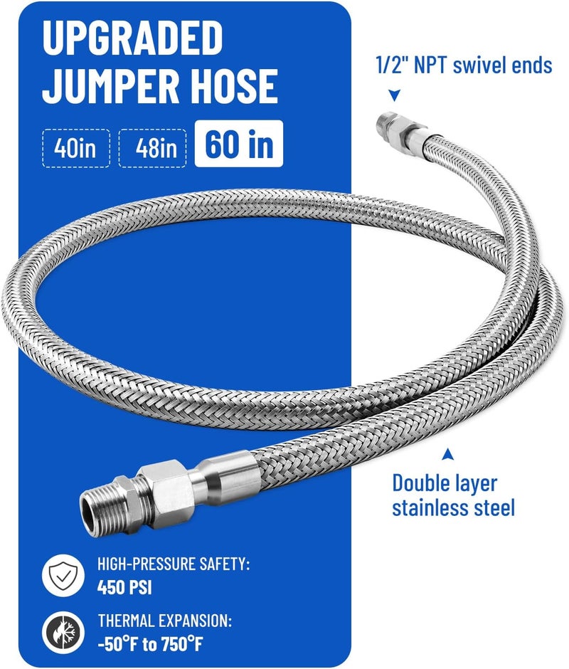 Turnirace طقم خرطوم قفز لضاغط الهواء 1/2" × 60" - نهايات دوارة 1/2" ذكر NPT إلى 1/2" ذكر NPT - 450 PSI، 750°F من الفولاذ المقاوم للصدأ مضفر - درجة صناعية - Image 2